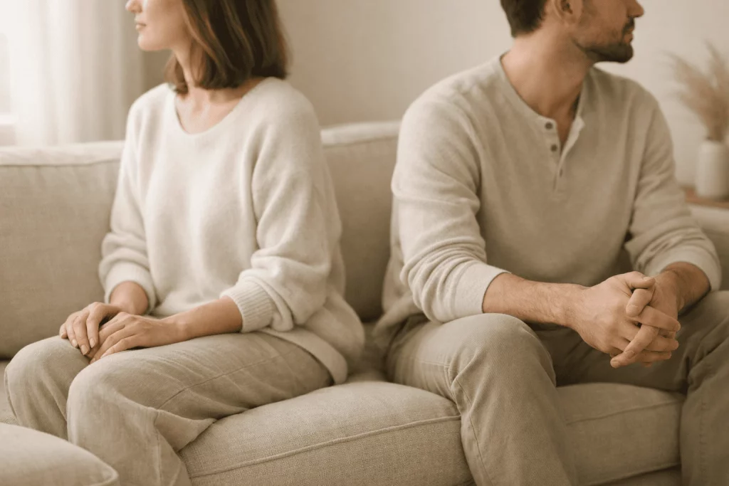 pareja enfadada por no buscarse sexualmente, esperando a que la psicologia lo solucione